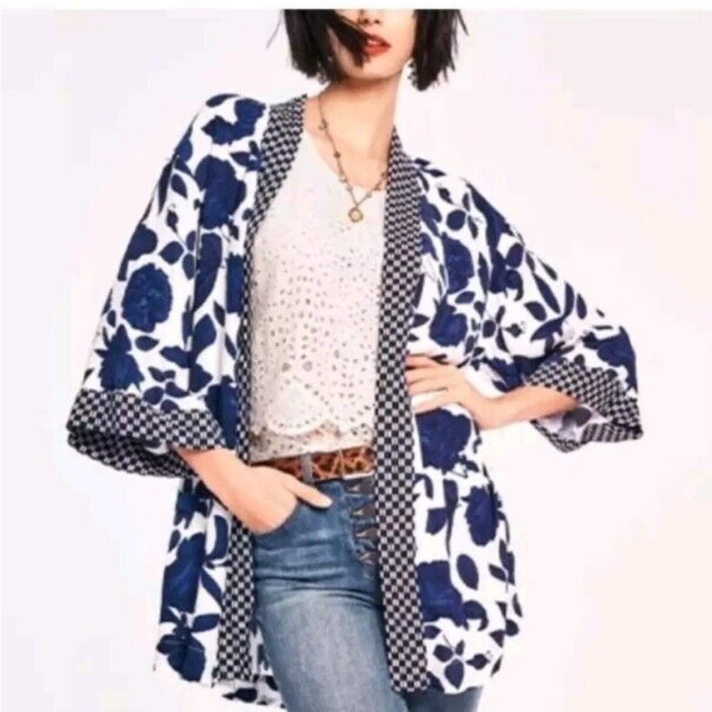 •CAbi• Blue & white botanical open front kimono